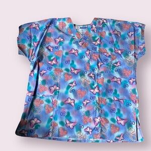Scrub Top Women’s Size XL 18W MHD Pocket Butterflies‎ GrannyCore Blue